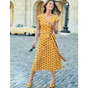 Boden Tori Midi Dress 10 Polka Dot V-Neck Tie Waist Cotton Lined Ivory Yellow
